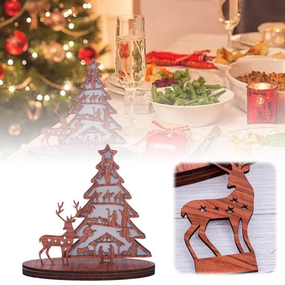 LED Christmas Nativity Scene Table Ornament Vintage Jesus Set, Rustic Farmhouse Wooden Tiered Tree Tabletop Decoration for Home Holiday Xmas Decor