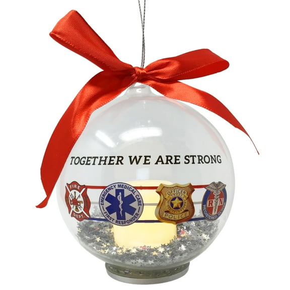 LED Christmas Ornament - Firefighter Police First Responders and Nurse Xmas Ornament - Red Ribbon LED Lighted Ball with Silver Star Confetti - 4 hour timer included