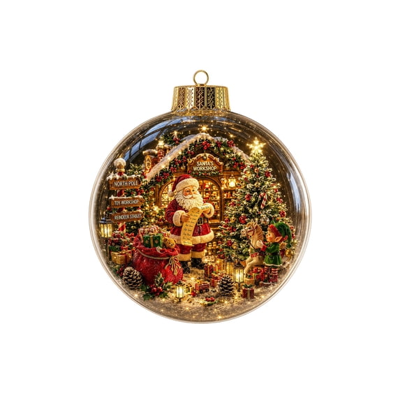 LED Christmas Scene Ornament Ball, 3.9-Inch Dimensional Sphere with Flat Printed Artwork for Tree, Mantel, Window and Holiday Gift Decor