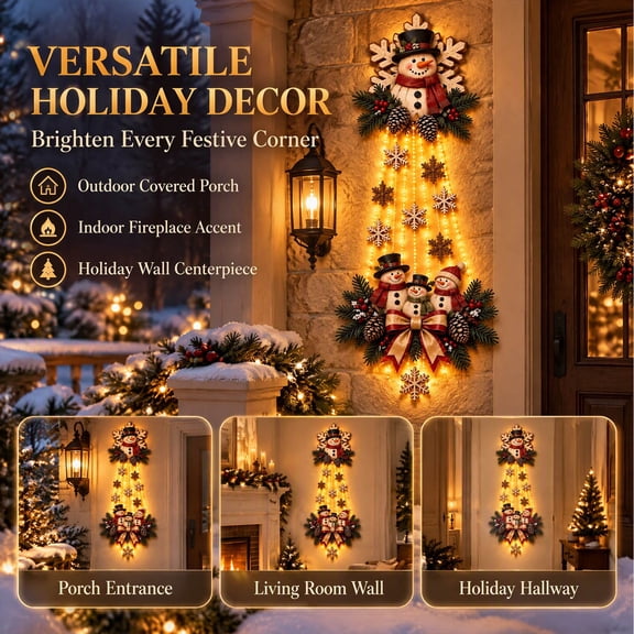 LED Christmas Snowman Cascading Wall Hanging Light, Snowman Family Waterfall String Lights with Stars Pine Branches and Bows, Warm Holiday Door and Entryway Decoration