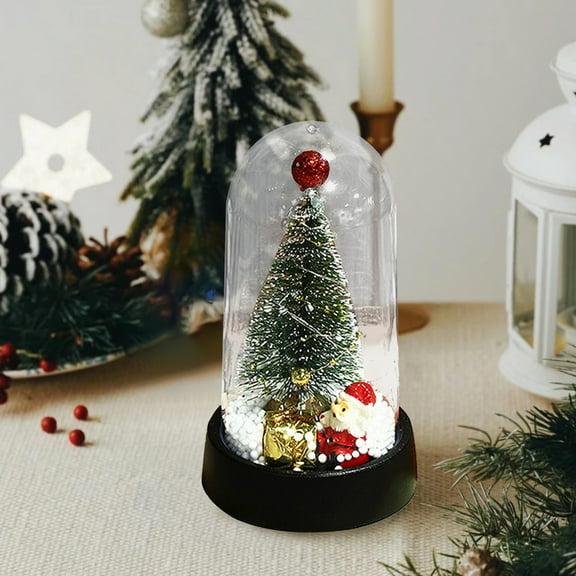 LED Christmas Tree Cloche Glass Dome 6" Snowman Display Decorative Bell Jar with Base & String Lights, Mini Christmas Tree Table Decoration, Lighte up Decoration for Birthday Xmas Present