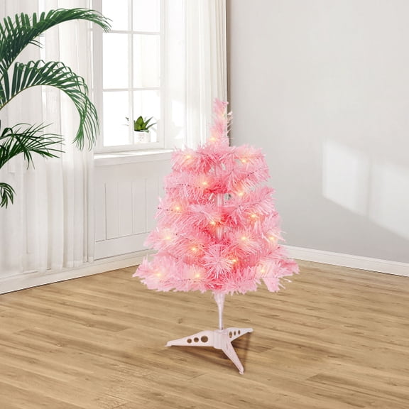 LED Christmas Tree, Hinged Spruce Artificial Holiday Christmas Tree, 17.7-35.4 Inch PVC Flocked Tree for Home Office Xmas Party Decoration, Pink