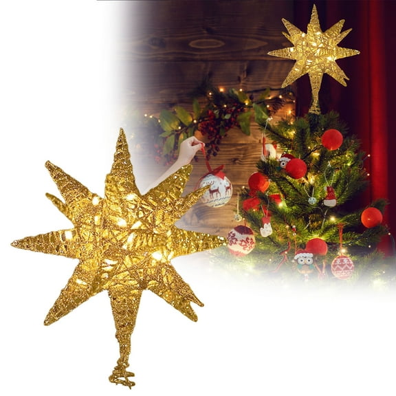 LED Christmas Tree Topper 7.87 Inch Battery Powered 3D Geometric Star Metal Hollow Design with Lights for Xmas Tree Decor Home Holiday Party Festive Shining Ornament (Battery Not Included)