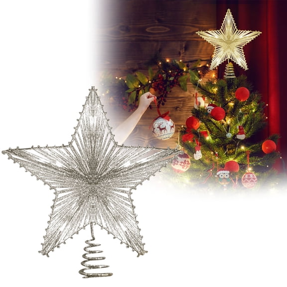 LED Christmas Tree Topper 9.84 Inch Battery Powered 3D Geometric Star Metal Hollow Design with Lights for Xmas Tree Decor Home Holiday Party Festive Shining Ornament (Battery Not Included)