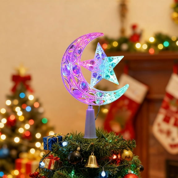 LED Christmas Tree Topper - Glowing Moon & Star Design with 3 Light Modes, Shatterproof Plastic Clear
