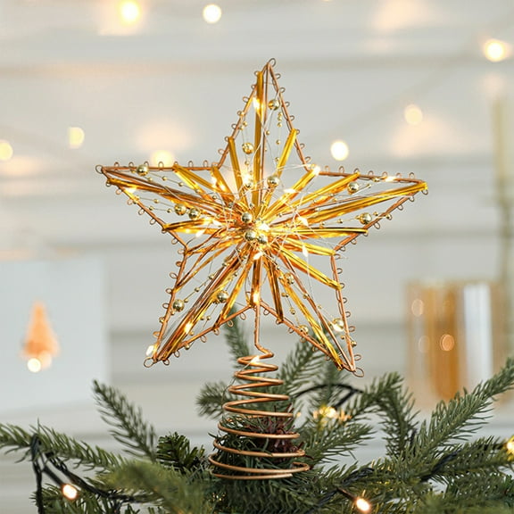 LED Christmas Tree Topper Star - 10 Inch Metal Battery Operated Lighted Decoration for Indoor Outdoor Holiday Decor Gold