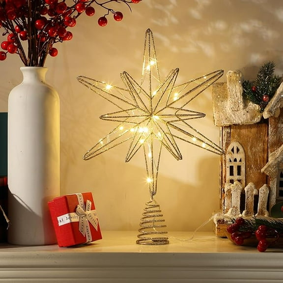 LED Christmas Tree Topper Star - Gold or White Shatterproof Plastic Lighted Tree Top Decoration with Battery-Operated Lights
