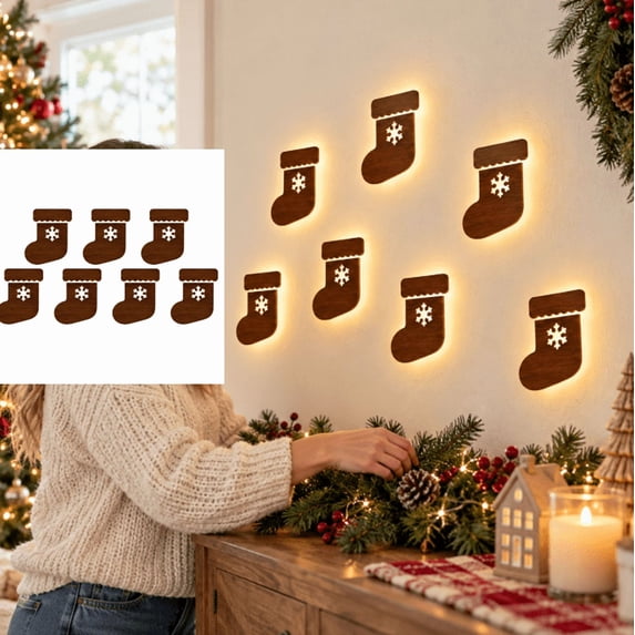 LED Christmas Wall Decor Light, 7Pcs Christmas Stocking Pattern Wood Christmas Wall Light Lighted Wall Art for Christmas Home Decor