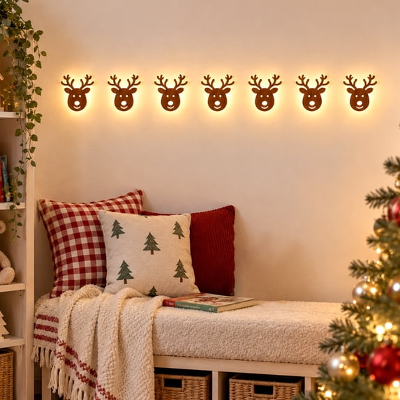 LED Christmas Wall Decor Light, 7Pcs Smiling Reindeer Shape Lighted Wooden Wall Hanging For Holiday Season
