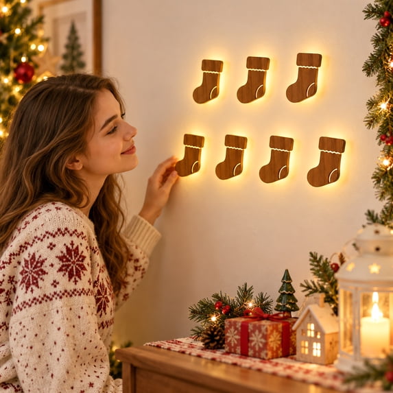 LED Christmas Wall Decor Light, 7Pcs Xmas Stocking Shape Lighted Wooden Wall Hanging For Holiday Season