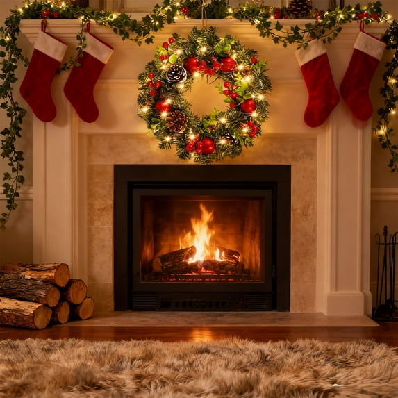 LED Christmas Wreath with Berries and Lights, Green PVC Garland for Front Door Holiday Decor, Battery Operated Hanging Ornament for Indoor Outdoor Use(C,15.85")