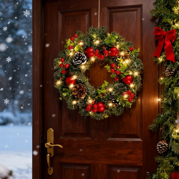 LED Christmas Wreath with Berry Vines and Hanging Garland for Front Door Holiday Decoration, Indoor and Outdoor Use for Home, Festival, and Party Decor
