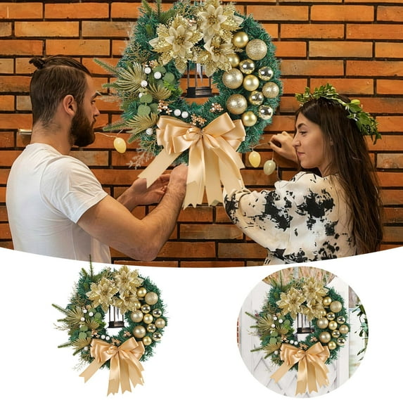 LED Christmas Wreath for Front Door Decorations, Battery Operated Artificial Greenery Wreath with Warm Lights, Large Bow,Berry Ornaments for Holiday Indoor Outdoor Home Decor