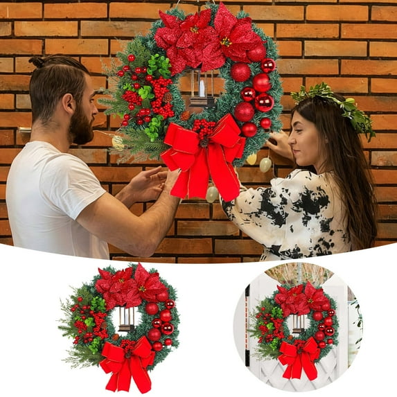 LED Christmas Wreath for Front Door Decorations, Battery Operated Artificial Greenery Wreath with Warm Lights, Large Bow,Berry Ornaments for Holiday Indoor Outdoor Home Decor
