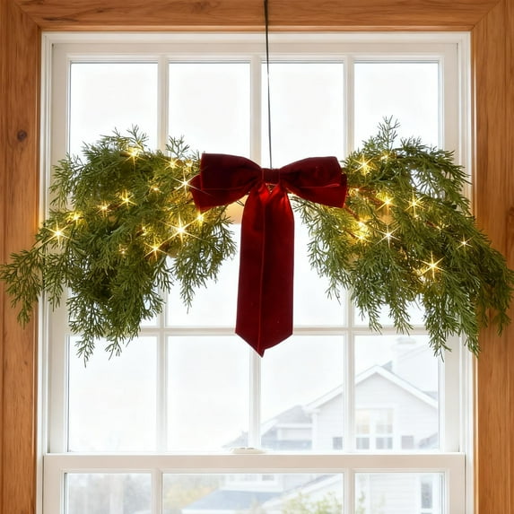 LED Christmas Wreath, Red Bow Cedar Branch Ornament, Artificial Holiday Decoration, Warm White Lights, Festive Home Wall Decorationation