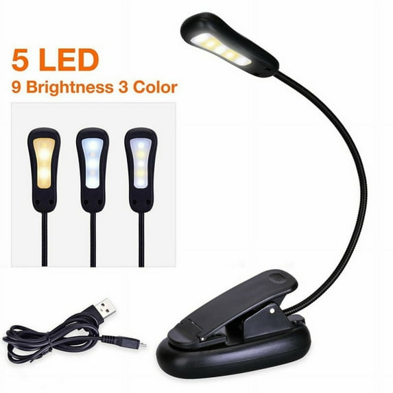 LED Clip Book Light, Maynos Rechargeable 5 LED Book Light Easy Clip on Reading Lamp with USB Charging Cable, 360 Rotation, 3 Color Temperature, Extra Bright Portable Task Lamp for Reading