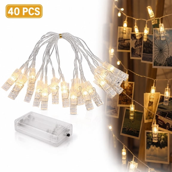 LED Clip String Lights 40 Lights 19.7 ft Warm White Battery Operated