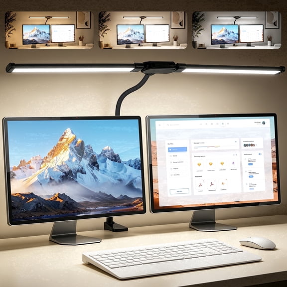 RELOIVE LED Desk Lamp with Clamp - 24W Dual Monitor Light, Ultra Wide Architect Desk Light for Home Office, Eye-Caring Gooseneck Workstation Light, Dimmable Reading Lamp