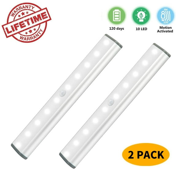 LED Closet Light Motion Activated, Cordless Under Cabinet Motion Sensor Light, Wireless Stick-on Anywhere Battery Operated 10 LED Motion Sensor Night Light for Closet Hallway Stairway, 2 Pack