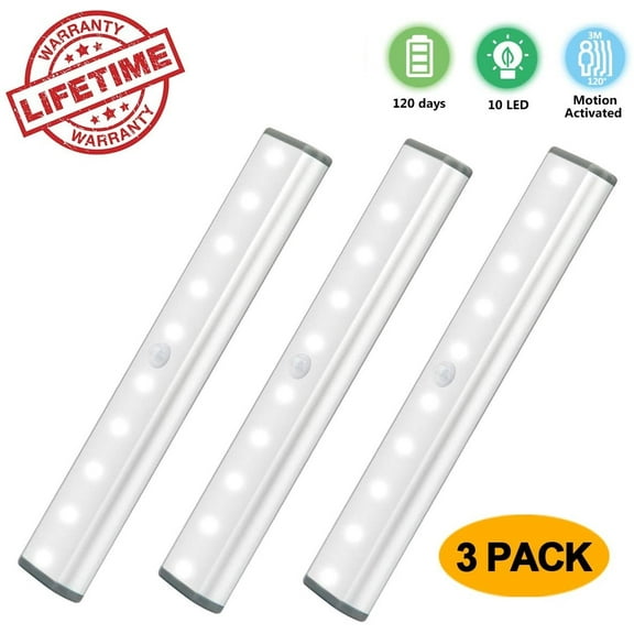LED Closet Light Motion Activated, Cordless Under Cabinet Motion Sensor Light, Wireless Stick-on Anywhere Battery Operated 10 LED Motion Sensor Night Light for Closet Hallway Stairway, 3 Pack
