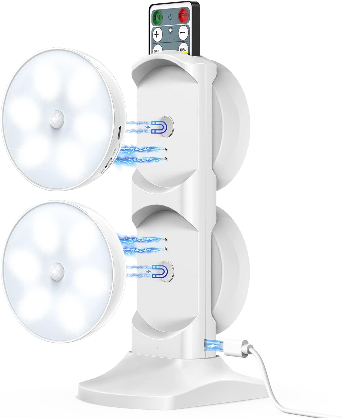 LED Closet Lights with Charging Station, Upgraded Motion Sensor Puck Lights, USB Rechargeable Dimmer Counter Lights, Under Cabinet Lighting with Remote Control, Magnet Stick-on Lights (4 Pcs)