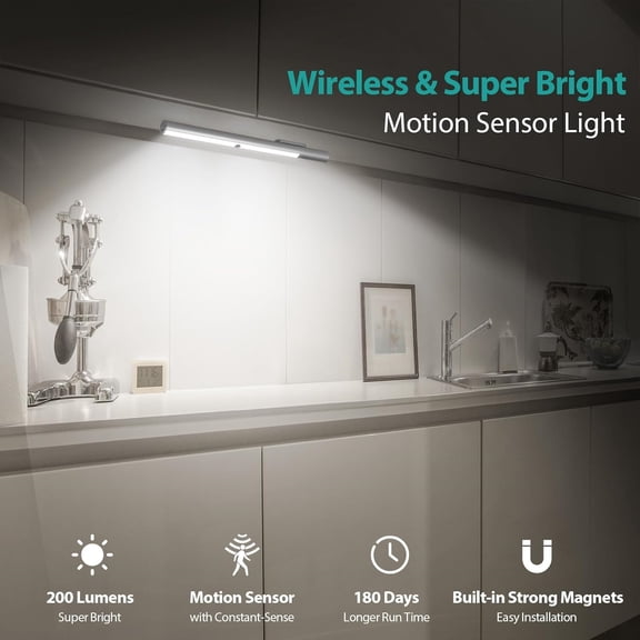 LED Closet Lights, Motion Sensor Light Indoor, 4500mah Build-in Large Rechargeable Battery, Wireless Under Cabinet Lighting for Kitchen/Pantry/Wardrobe/Wall/Stair, 6000K Clean White (2 Pack)