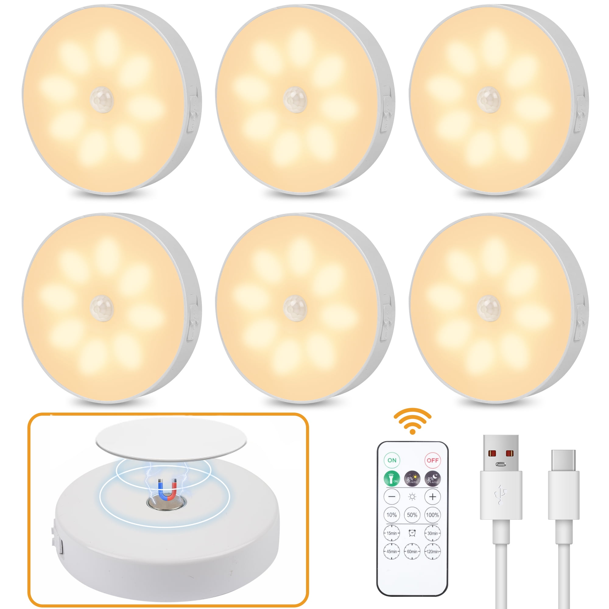 LED Closet Lights Wireless Motion Sensor Puck Light, USB Rechargeable Battery Operated Puck Lights with Remote, Dimmable Under Cabinet Lighting for Wardrobe Kitchen (6 Pack)
