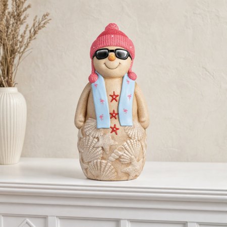 Qevylo LED Coastal Christmas Snowman Porch Greeter, Beach Christmas Decor with Pink Knit Hat, Sunglasses & Seashell Details, Lighted Holiday Snowman Figurine for Front Porch Yard