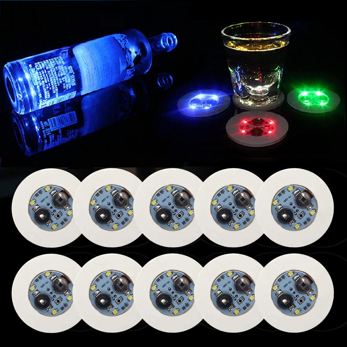 LED Coaster, 10 Pack Light Up Coasters for Drinks, Liquor Bottle Light