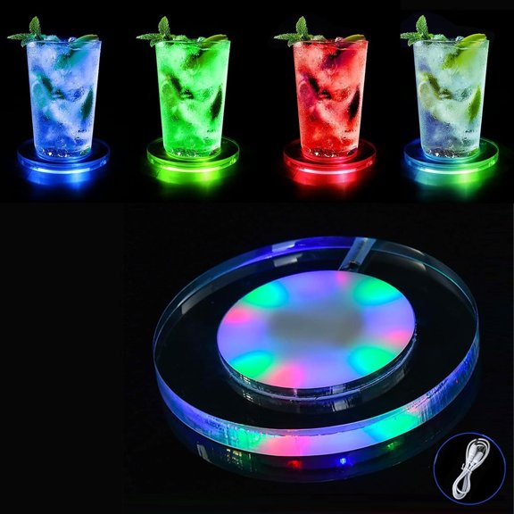 LED Coaster -4 PCS Rechargeable Light Up Coasters for Drinks, 3 Modes Luminous Cup Holder for Beer, Cocktail & Wine - Perfect for Party, Wedding, Bar & Club