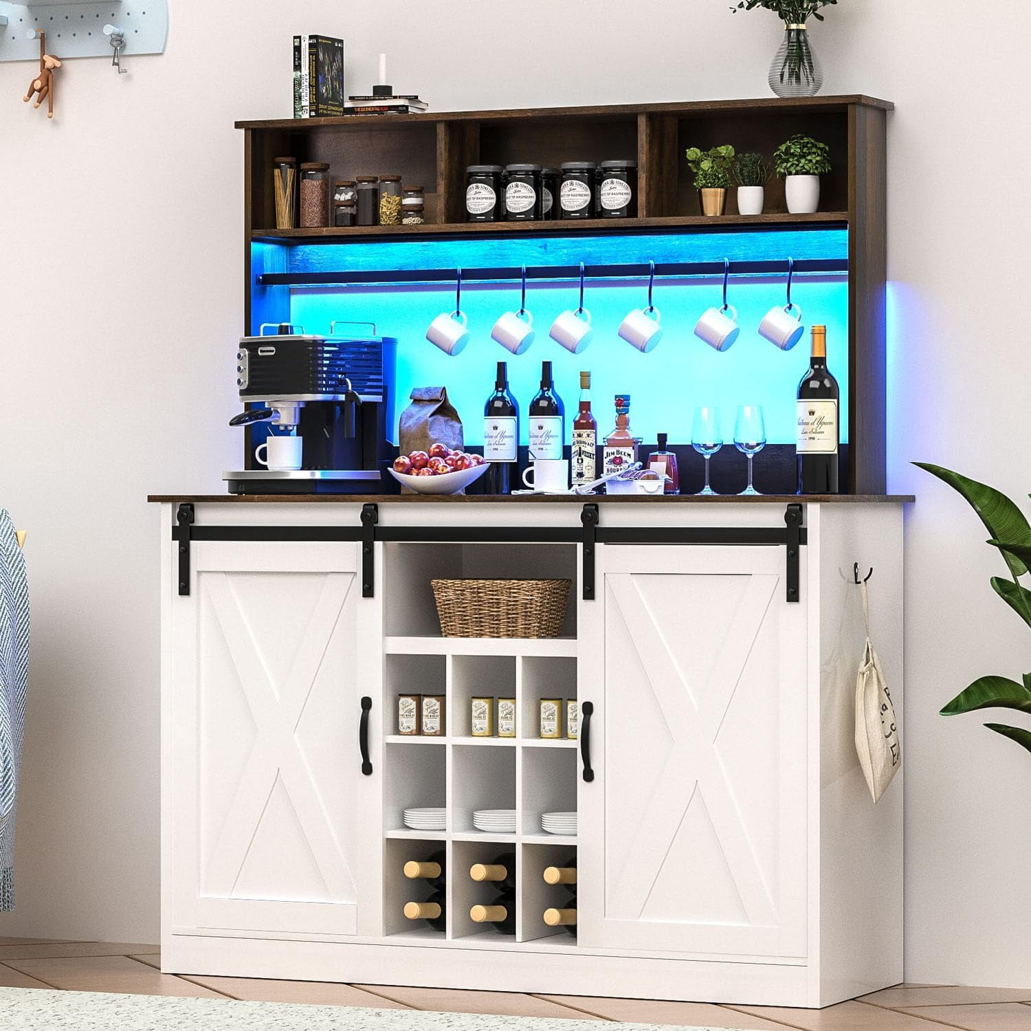 LED Coffee Bar Hutch Cart, Wine Bar with Storage,Adjustable 60000-color Lights,Outlet.58 Modern Kitchen Liquor Buffet with Sliding Door for Farmhouse Dining Room