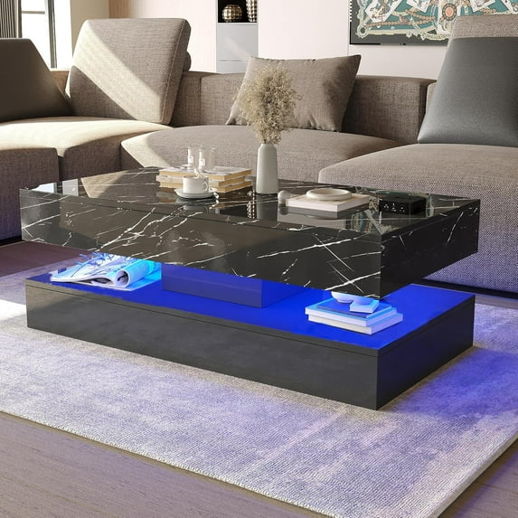 LED Coffee Table with 2 Storage Drawers, Modern High Gloss Black Coffee Table w/20 Colors LED Lights, 2 Tiers Rectangle Center Table for Living Room with Marbling Print, APP Control, Black