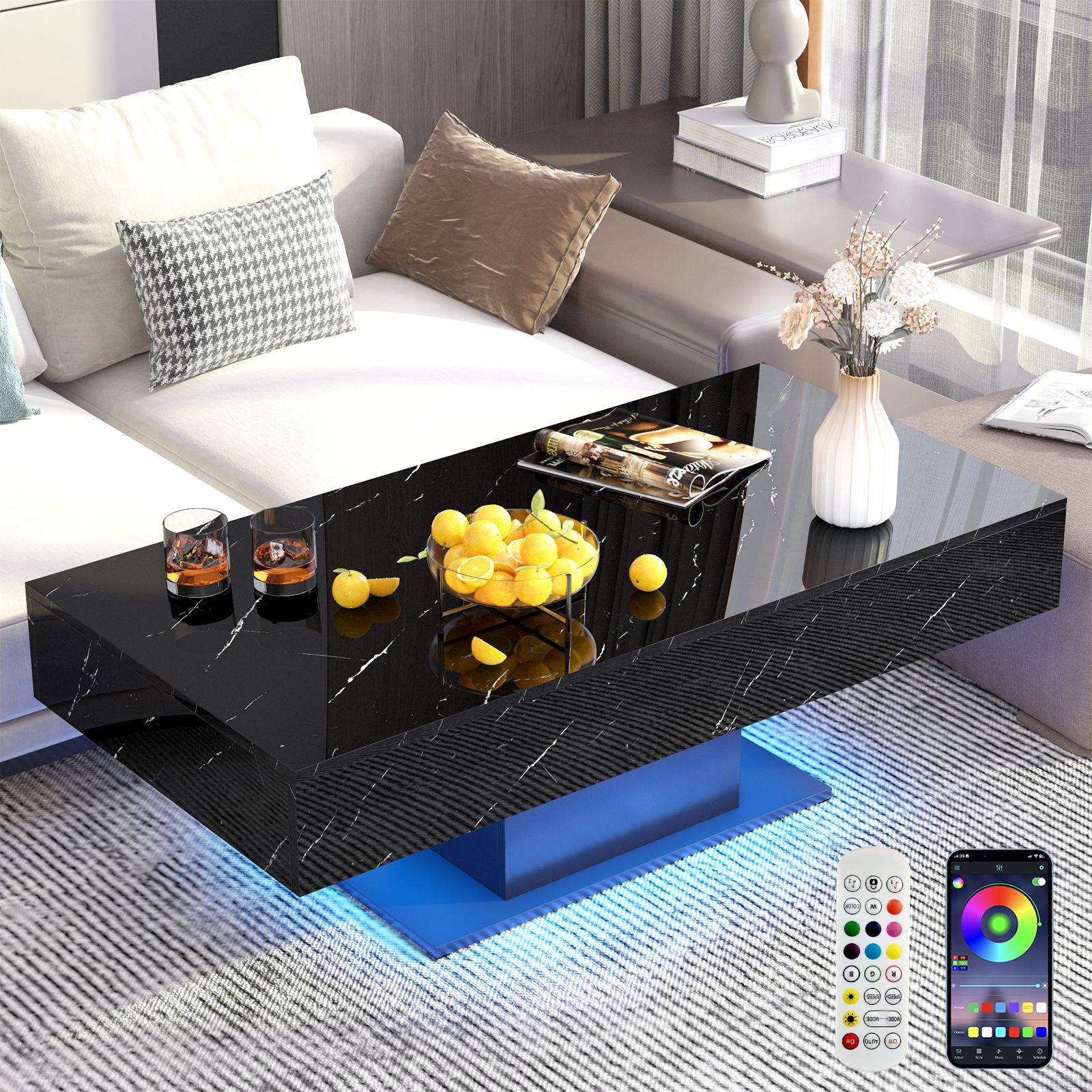 LED Coffee Table with 2 Storage Drawers, Modern High Gloss Black Coffee