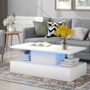 LED Coffee Table, 2-Tier Rectangle Center Coffee Table with 16-Colors LED Lighting, Living Room Coffee Table Furniture, UV High-Gloss Tea Table, Modern LED Coffee Table for Home Living Room, White