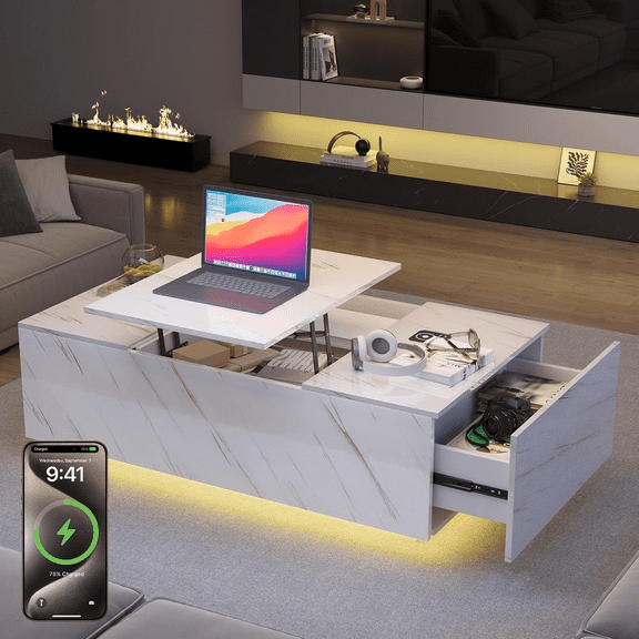 LED Coffee Table, 47.2" Lift Top Coffee Tables with Drawers and Large Storage, Smart Living Room Table with Wireless Charging & Bluetooth Speaker, Dining Center Tables with Storage Shelf, White