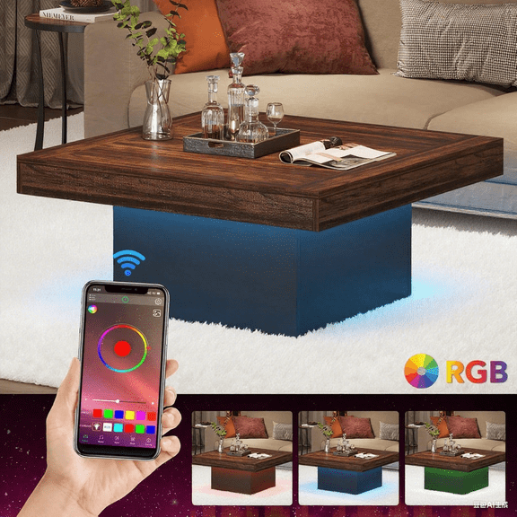 LED Coffee Table with Adjustable Light, 35 Inch Square Rattan End Table, Rustic Industrial Farmhouse Cocktail Table with Storage Shelf, Game Night Table for Living Room, Patio, Man Cave Home Theater