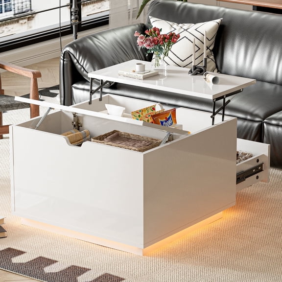 LED Coffee Table with Drawer, 31.5-Inch Lift Top Coffee Table,High Gloss Coffee Table with 24-Color Lights for Living Room, Bedroom, Home Office,White