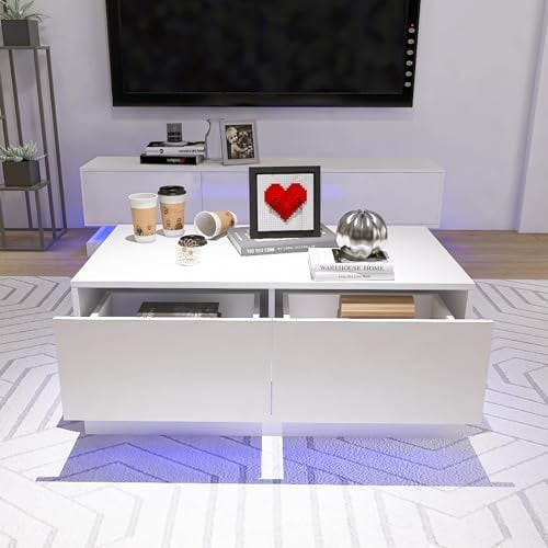LED Coffee Table, LED Coffee Tables for Living Room, High Gloss Coffee Table with 16 Colors LED Lights, Modern White Coffee Table with Drawers, 4 Flashing Modes, Buletooth Control$$Furniture