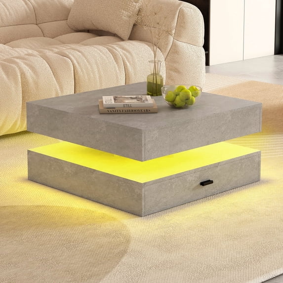 LED Coffee Table for Living Room,2-Tier Square Center Table with Storage Drawers,31inch Wooden High Gloss Contemporary Mid Century Table with 24-Color Plug-in LED Light for Home Office Waiting Room