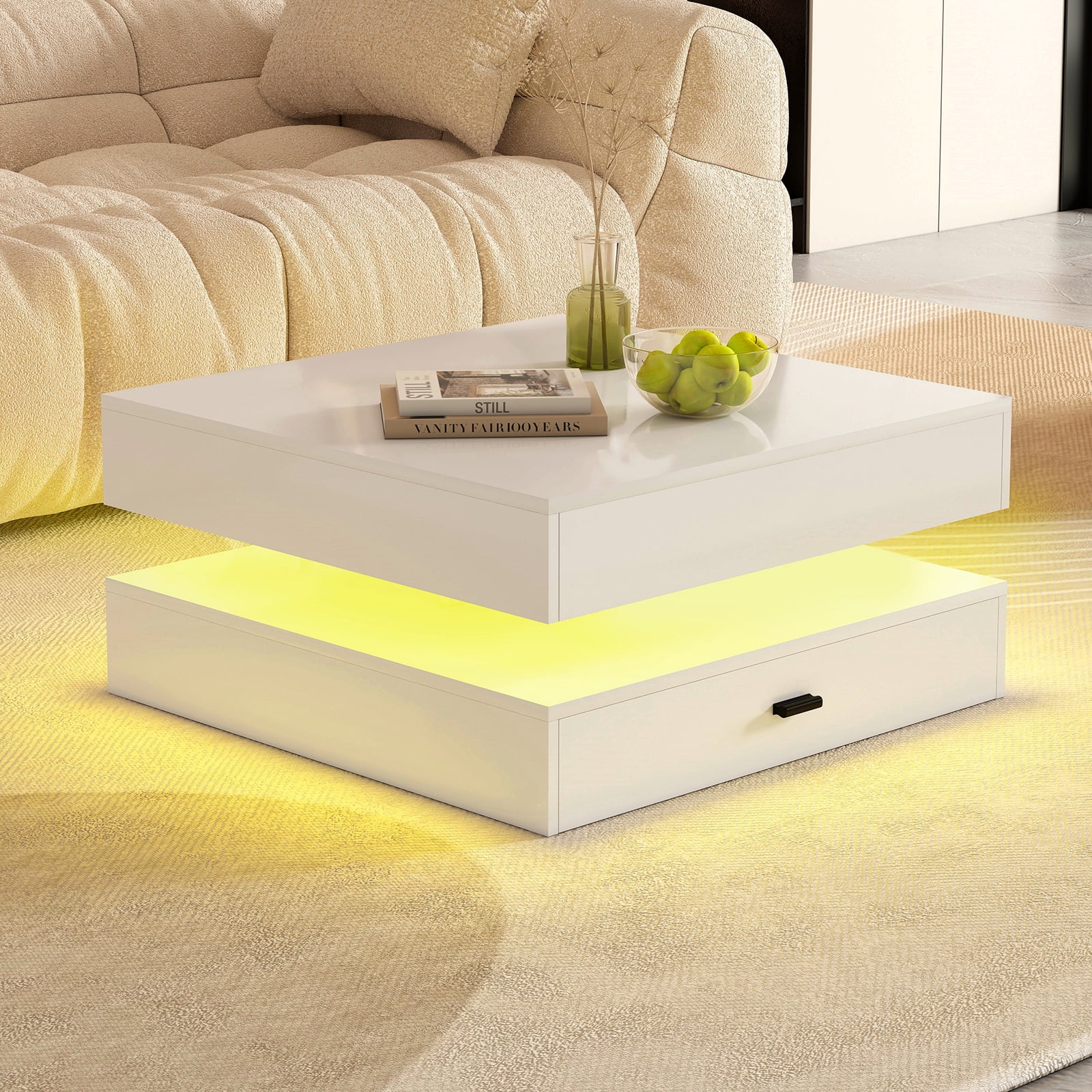 Table With Led LED Coffee Table for Living Room,2-Tier Square Center Table with ...
