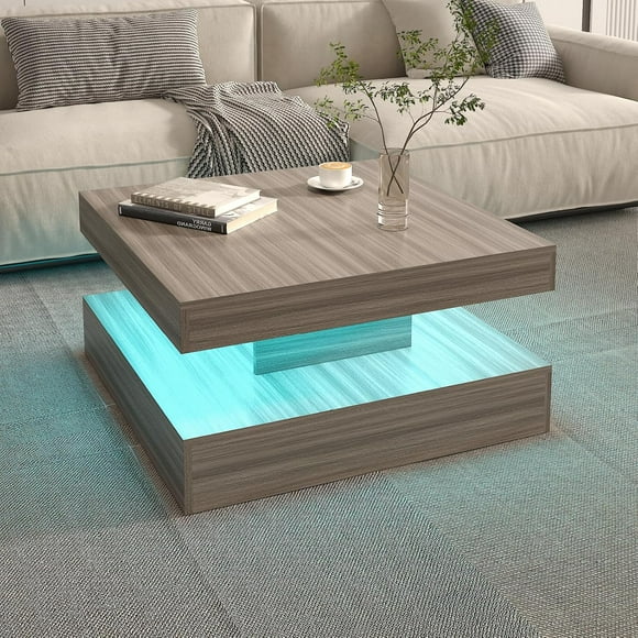 Grey LED Coffee Table with 2 Storage Drawers for Living Room Square Center Middle Table Modern Cocktail Table with Light 2-Tier Tea Tables Contemporary Mid Century Wood Home Office Waiting Room