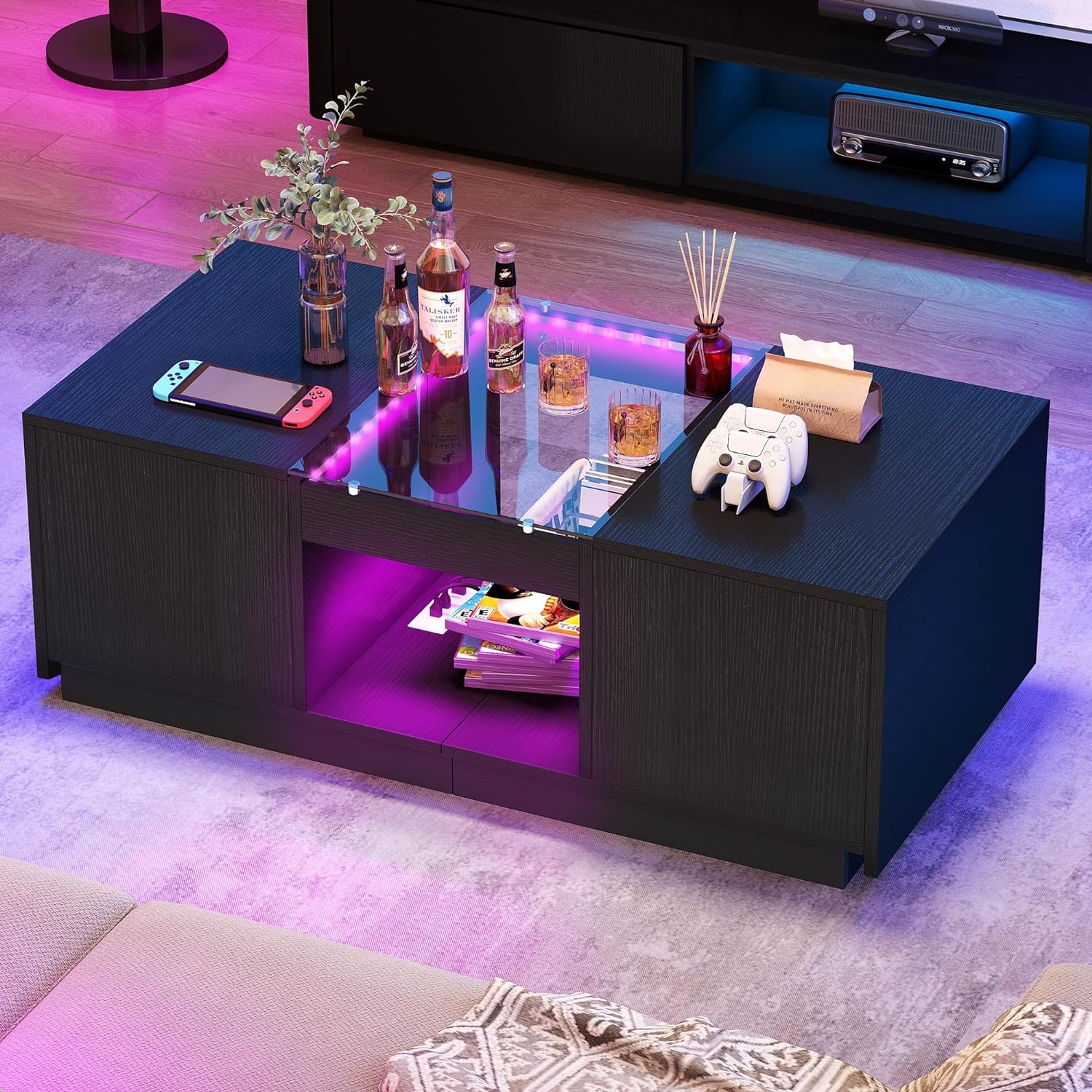 LED Coffee Table for Living Room, Modern Coffee Table with Storage with LED Lights, 2 Tiers and