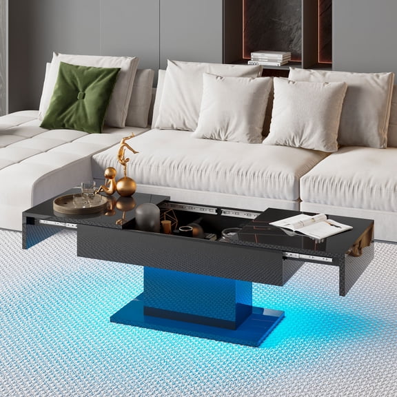 LED Coffee Table for Living Room,Sliding Top with Hidden Storage,High Gloss Modern Coffee Tables with 16 Colors LED Lights,Pull-Out Extendable Center Table for Living Room,Black