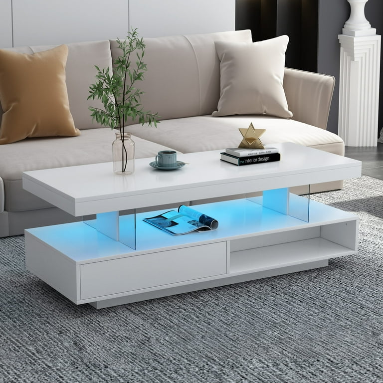 LED Coffee Table Modern High Gloss Center Table with 2 Drawers LED Lights and Display Shelves Wooden Accent Furniture for Living Room Home Office White Walmart