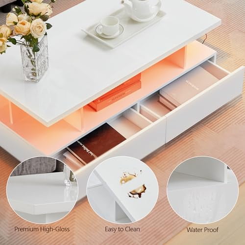 LED Coffee Table, Modern High Glossy Coffee Table with 4 Drawers and Open Display Shelf Wood Rectangle Center Tables with Storage for Living Room, White