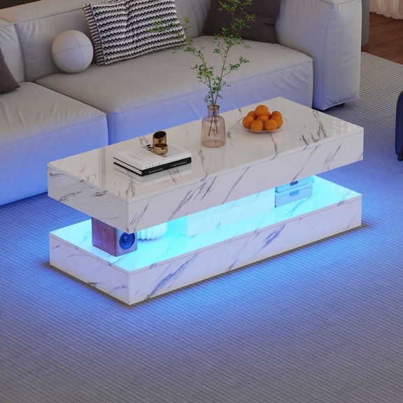 LED Coffee Table with Storage Shelf, High Glossy Faux Marble Storage Center Tables, Modern Stylish Double-Layer Accent Tables with Marbling Print for Living Room & Small Spaces,White