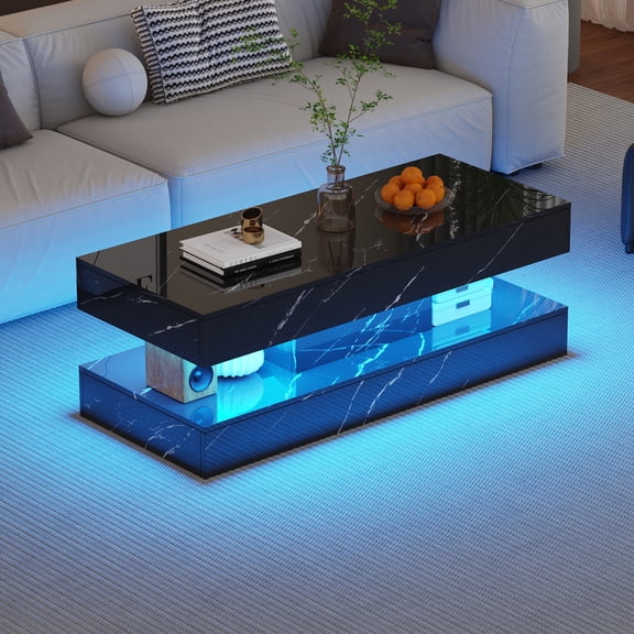 LED Coffee Table with Storage Shelf, High Glossy Faux Marble Storage Center Tables, Modern Stylish Double-Layer Accent Tables with Marbling Print for Living Room & Small Spaces,BLACK