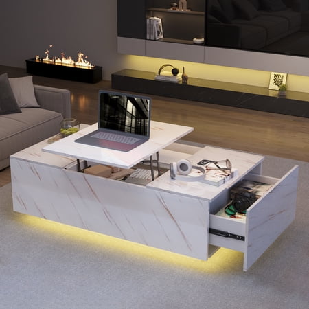 LED Coffee Table with Storage, High Glossy Coffee Table with Wireless Charging and Speaker, Modern Center Table with LED Lights for Living Room
