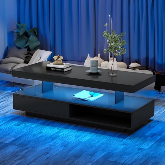 LED Coffee Table with Storage, High Glossy LED Coffee Tables for Living Room, Center Table with Open Display Shelf & Sliding Drawers, (Black)