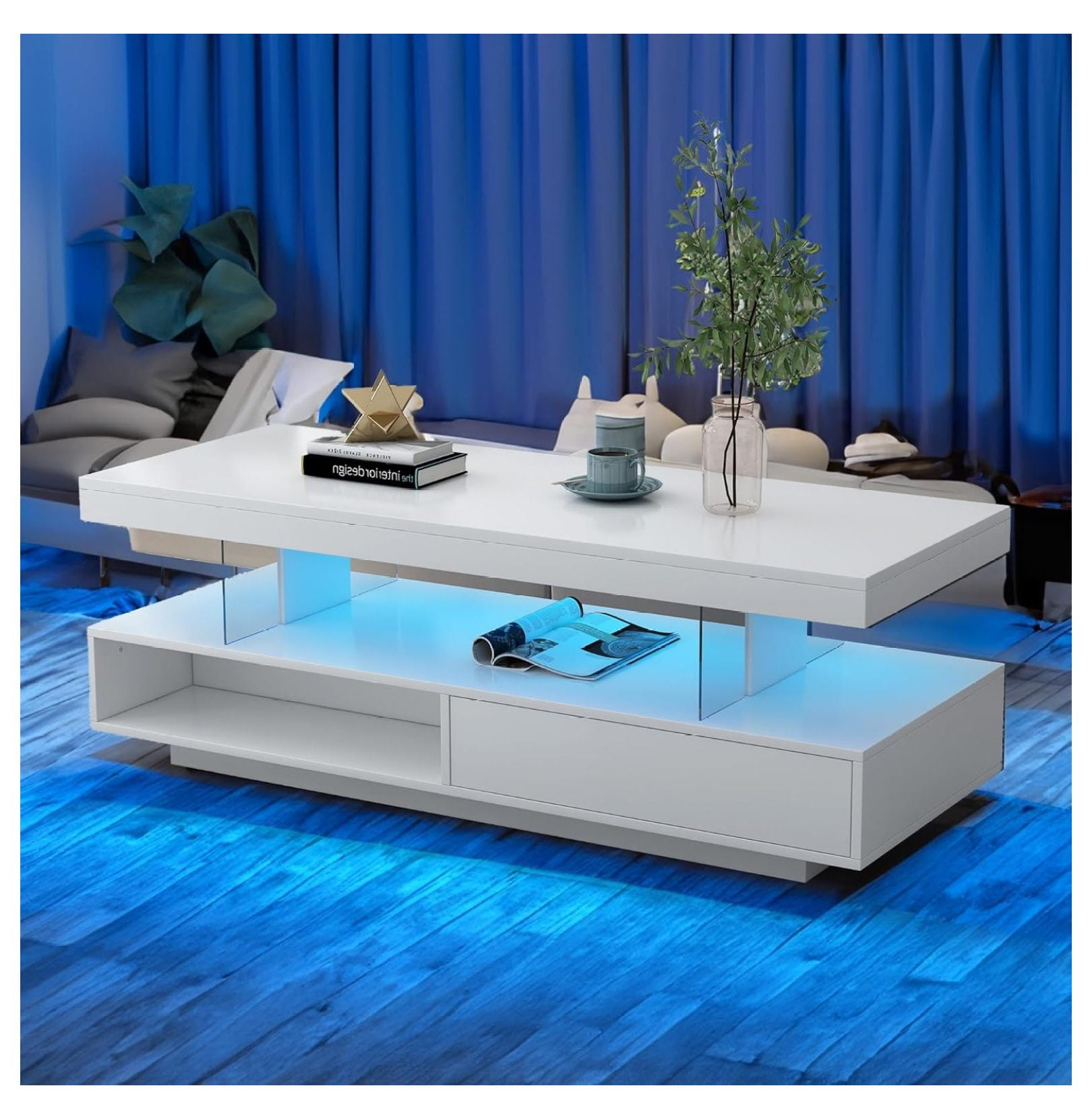 LED Coffee Table with Storage, High Glossy LED Coffee Tables for Living